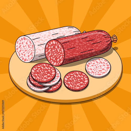 Salami, a cured, fermented, and air-dried sausage served on a wooden platter. Perfect for celebrating National Salami Day on September 7th.