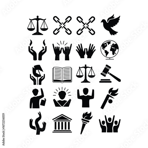 Black and white vector bundle of justice and freedom icons with scales, broken chain, raised hands, peace dove, globe and courthouse