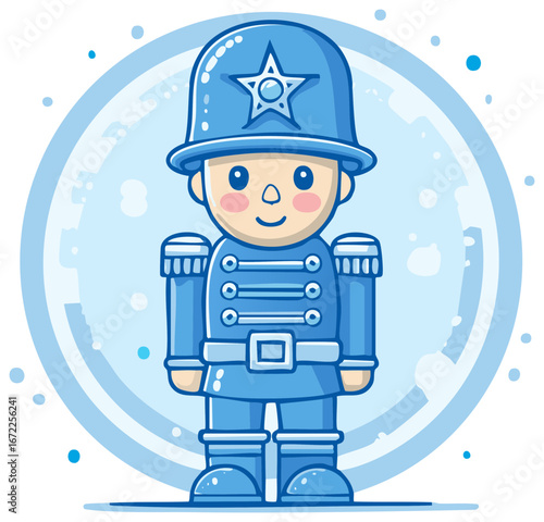 Cute toy soldier with wintery snow globe in blue, holiday season concept for celebration and greetings.
