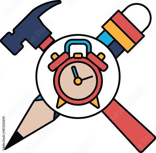 A clock is surrounded by a hammer, a pencil, and a wrench