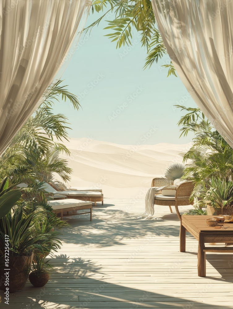 Fototapeta premium desert oasis patio view tranquil relaxation sunlit minimalist design calming background for spa resort marketing