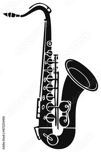 Sleek Saxophone Illustration, Jazz Music Icon, Musical Instrument, Orchestra, Monochrome