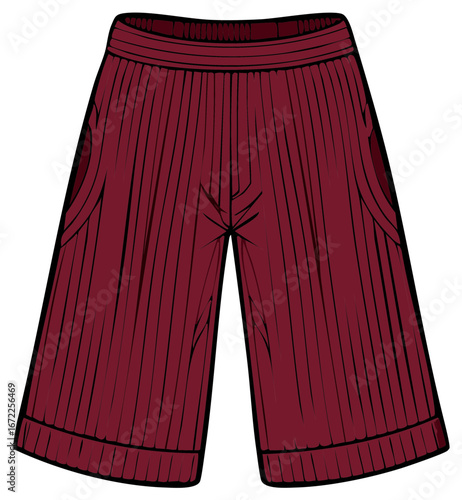 Burgundy Culottes Flat Illustration. Detailed vector of pleated, wide-leg, trousers with pockets and hem.
