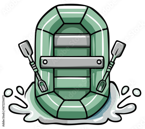 Cartoon illustration of a raft with oars on splashing water
