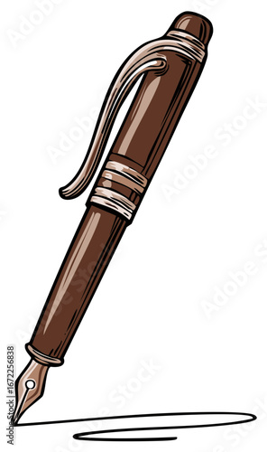 Classic brown fountain pen with metallic clip writing a line on a white background