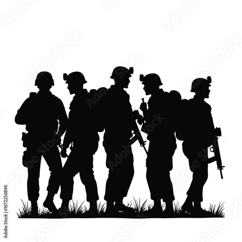 Five soldiers in silhouette with rifles and backpacks