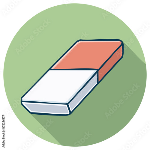 Cartoon drawing of an eraser inside a green circle with a shadow.