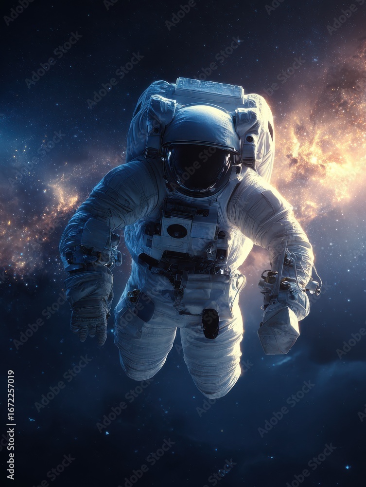 Fototapeta premium astronaut at spacewalk cosmic art science fiction wallpaper beauty of deep space billions of galaxies in the universe