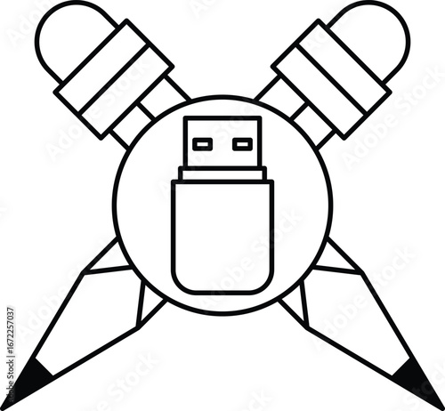 A white and black drawing of a USB flash drive with a pencil and a pen
