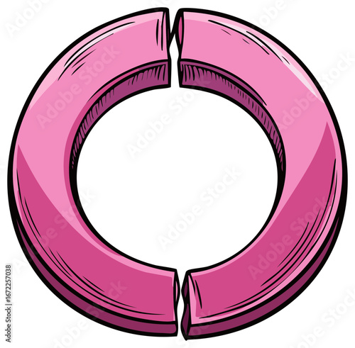 Pink donut illustration with split seam showcasing internal structure in vector art style for design element