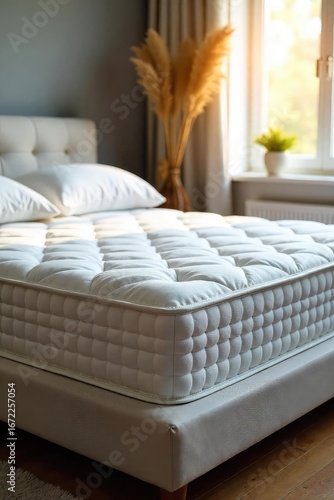 Luxurious Plush Mattress on White Platform Bed, Bathed in Sunlight, Ready for a Peaceful Nights Sleep in a Cozy Home