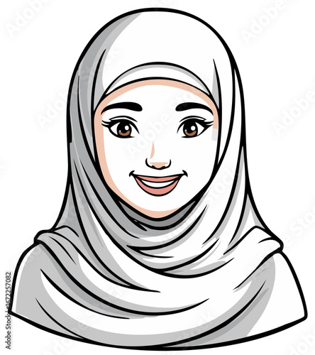 Smiling Woman in White Hijab Traditional Head Covering Vector Portrait