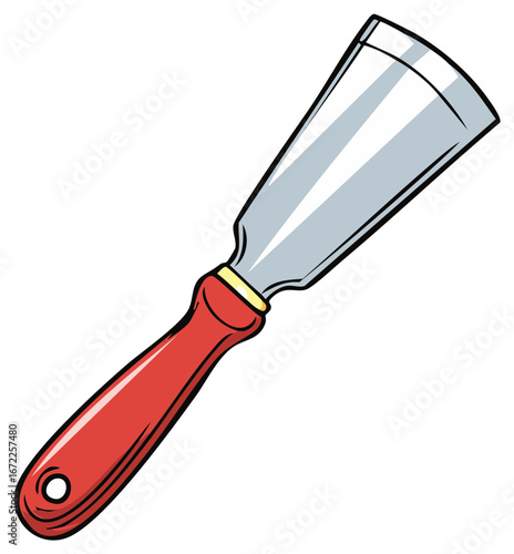 Red handled putty knife scraping tool with shiny metal blade
