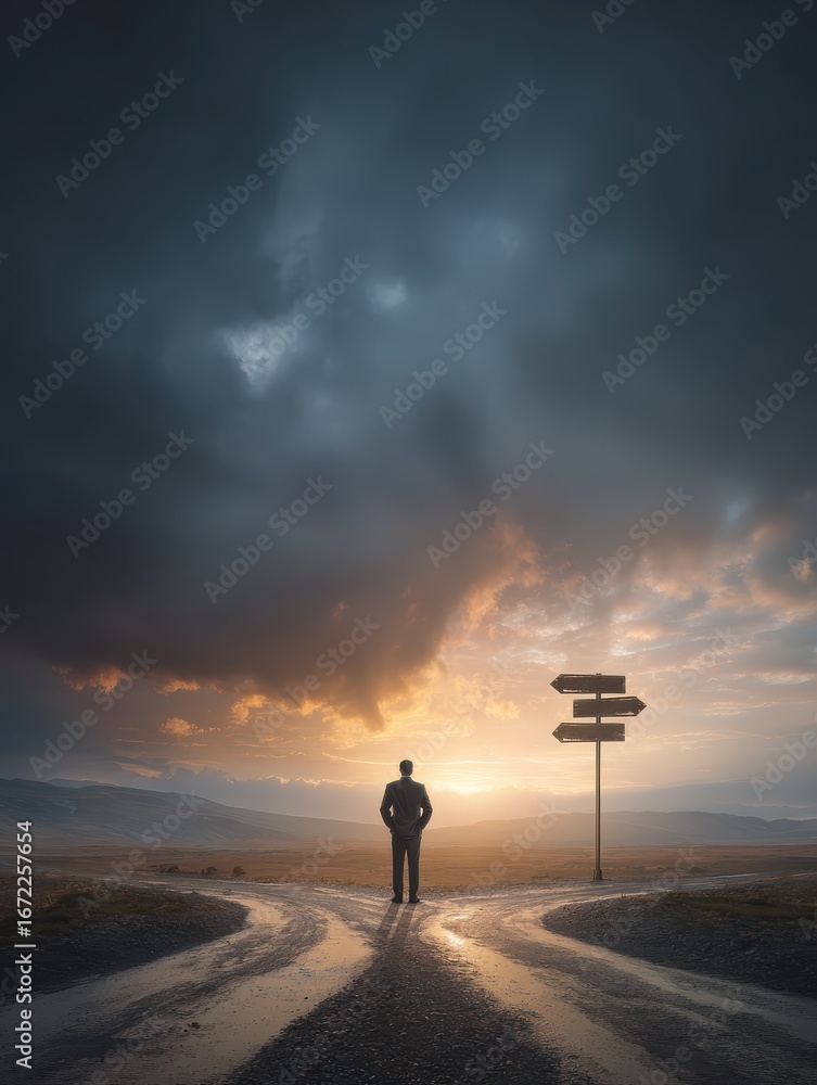 Obraz premium businessman standing at crossroads with directional signs choosing between freedom and job dramatic landscape with storm and sunrise decision making path concept