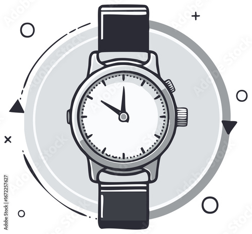 Illustrated wrist watch shows the time, surrounded by abstract shapes, for concepts of punctuality and time management.