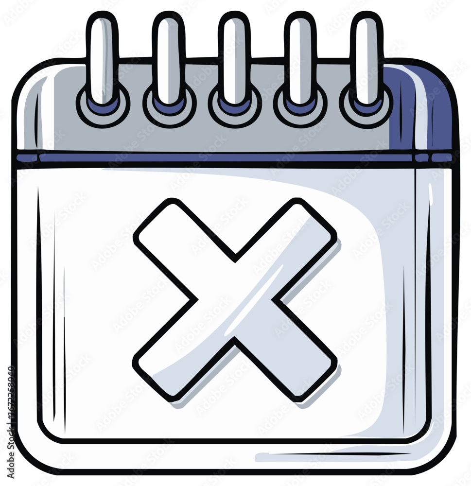 Fototapeta premium Hand drawn cartoon calendar icon with a cross mark for a canceled appointment or deadline