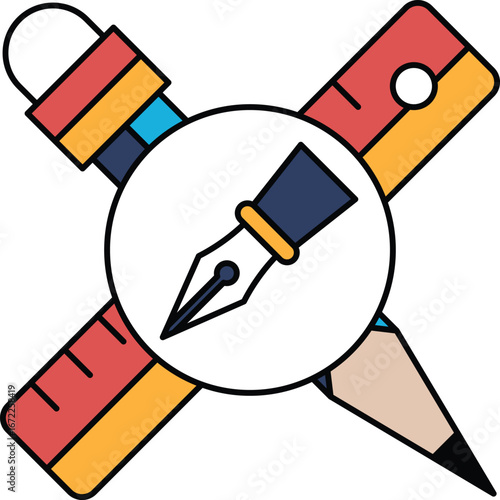 A pen, pencil and ruler are drawn together in a circle