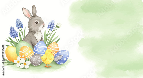 Watercolor easter illustration of a bunny, chick, easter eggs and flowers