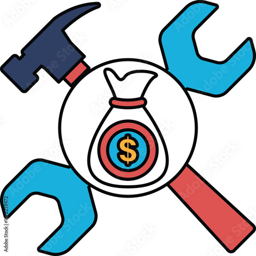 A hammer, wrench, and a bag of money are all drawn together in a single image