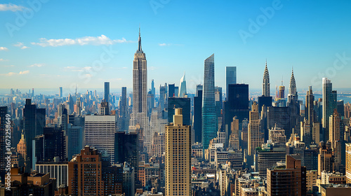 city skyline at sunset with high-rise buildings and airplane high resolution picture
