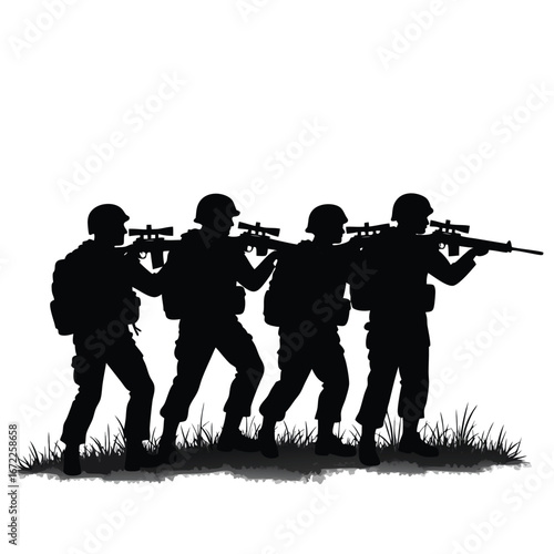 Four soldiers in silhouette aiming rifles military