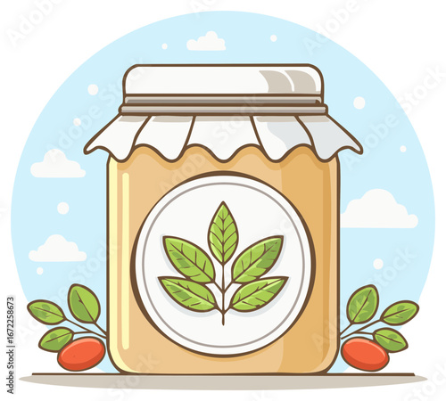Glass jar filled with golden honey and adorned with natural botanical elements