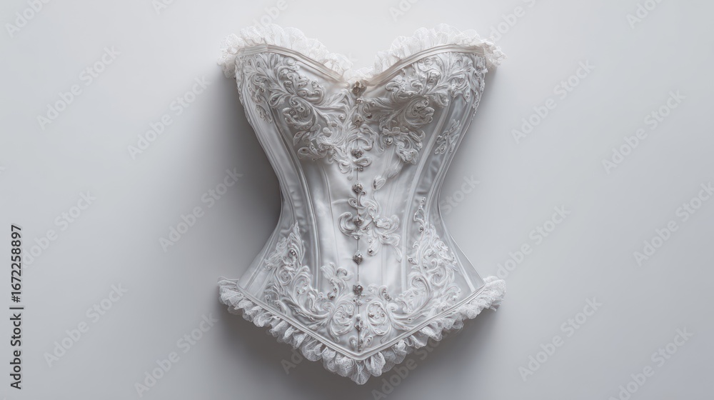 Obraz premium Ornate white corset with lace, ruffles, and buttons on a plain background