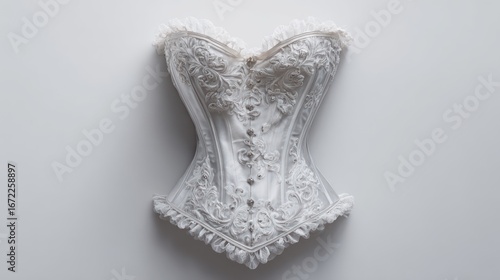 Ornate white corset with lace, ruffles, and buttons on a plain background