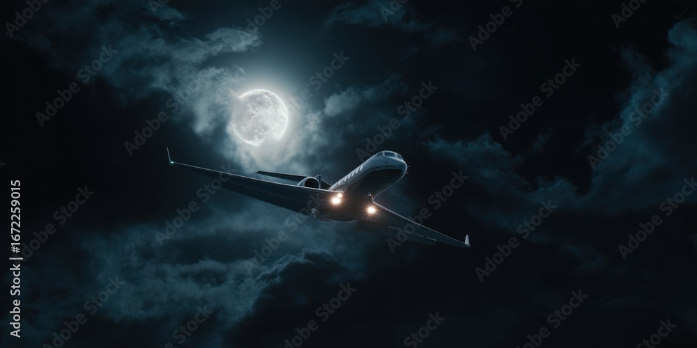 Fototapeta premium Private jet soaring through a moonlit sky