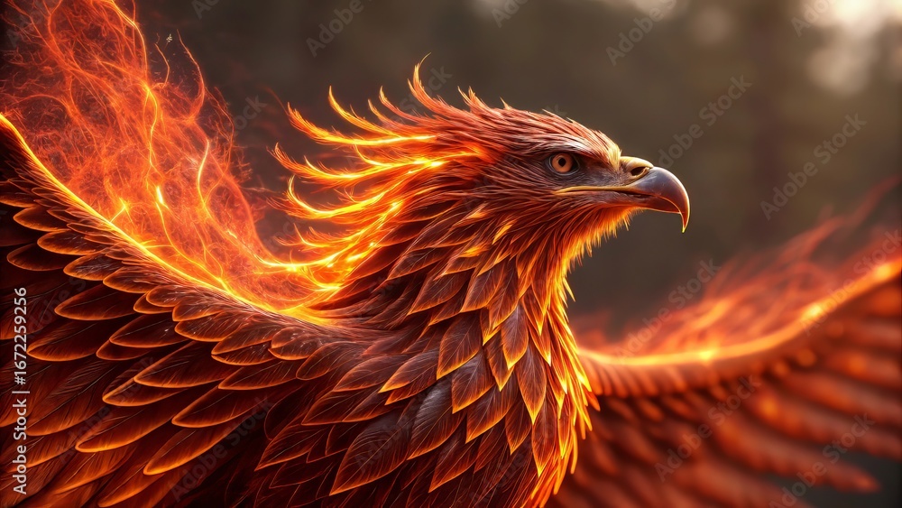Fototapeta premium Majestic phoenix rising with vibrant fiery wings, a symbol of rebirth and strength, glowing with power