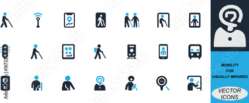 Mobility icon set for visually impaired people, featuring assistive walking, navigation, transport, and accessibility symbols. Perfect for inclusive, urban, and community projects.
