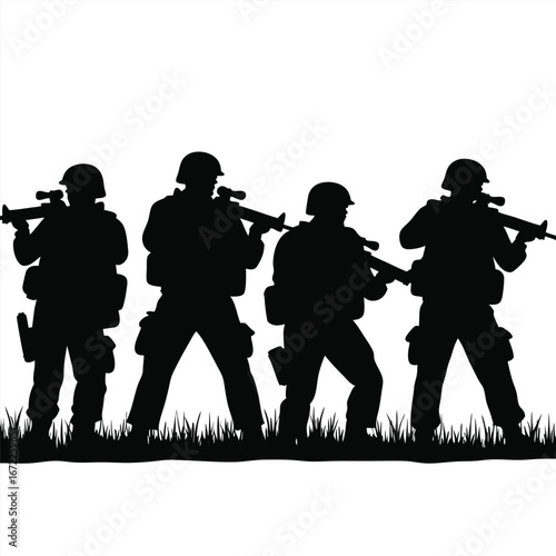 Four soldiers in silhouette holding rifles military