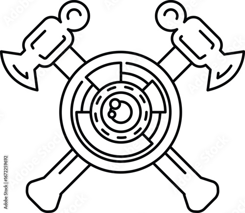 A black and white drawing of a hammer and an ax with a circle in the middle
