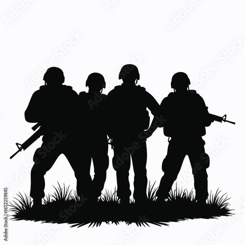 Four soldiers in silhouette holding rifles standing in grass