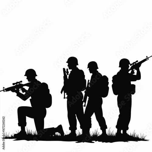 Four soldiers in silhouette with rifles and backpacks