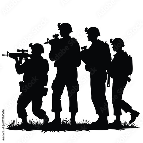 Four soldiers in silhouette with rifles military army