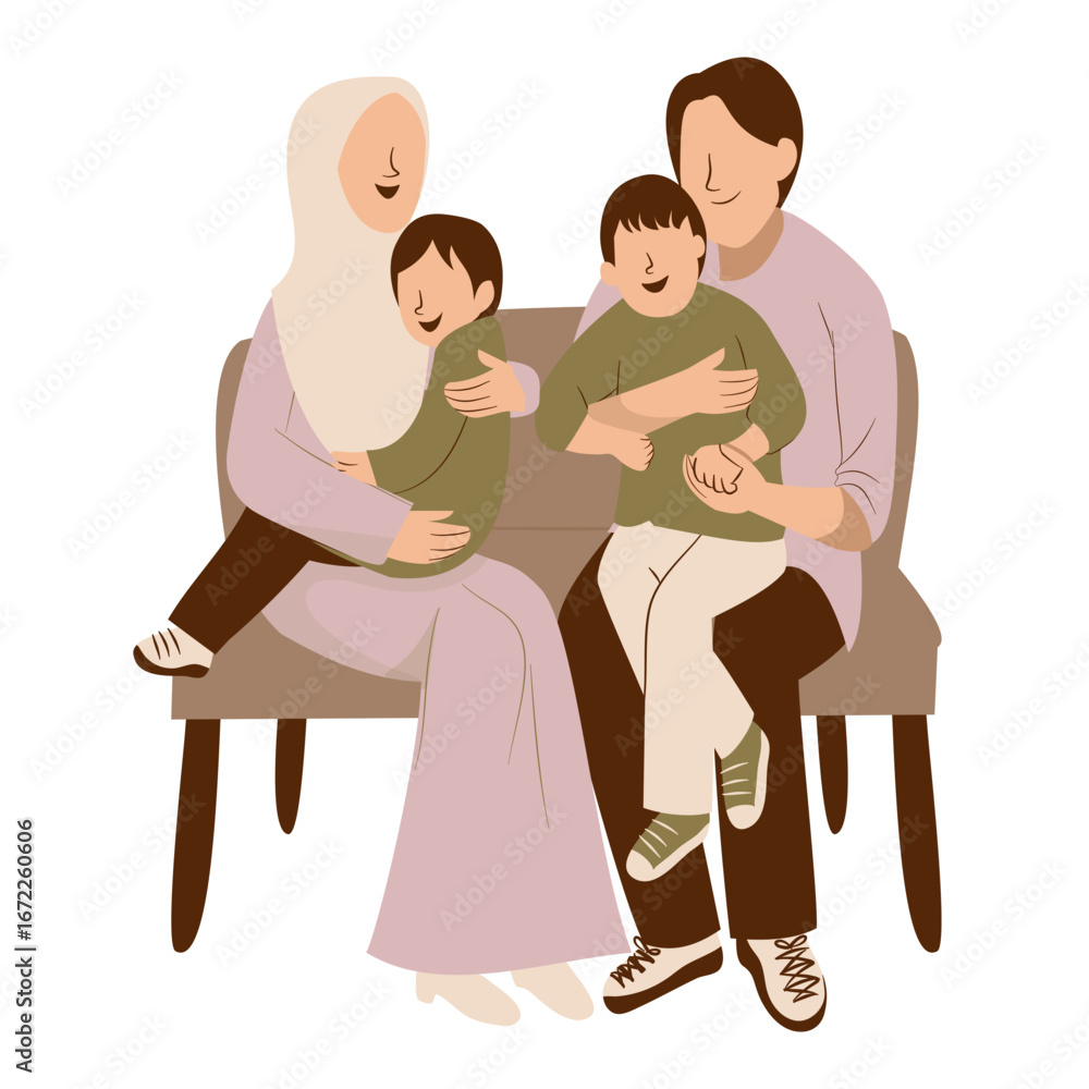Obraz premium Affectionate Muslim Family Portrait: Modern Illustration