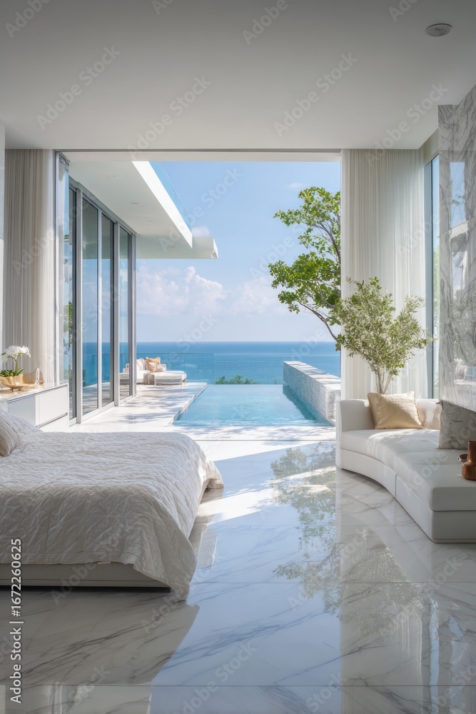 Naklejka premium Modern bedroom with ocean views and pool