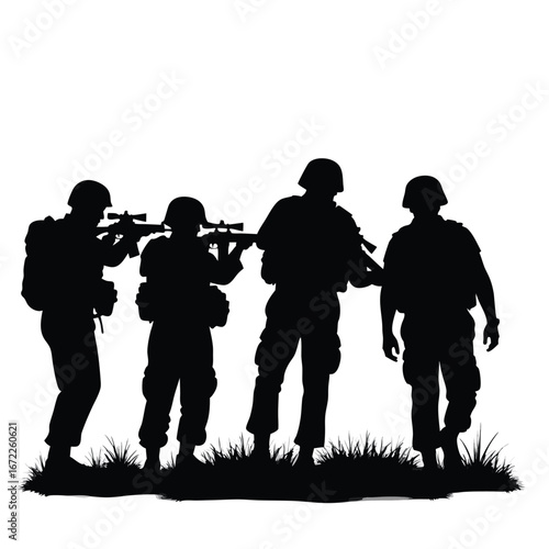 Four soldiers in silhouette with rifles and gear military
