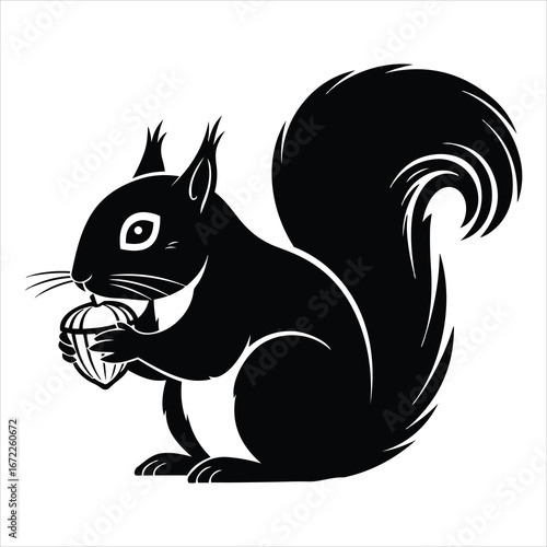 Charming black squirrel silhouette holding an acorn detailed artistic rendering for wildlife enthusiasts