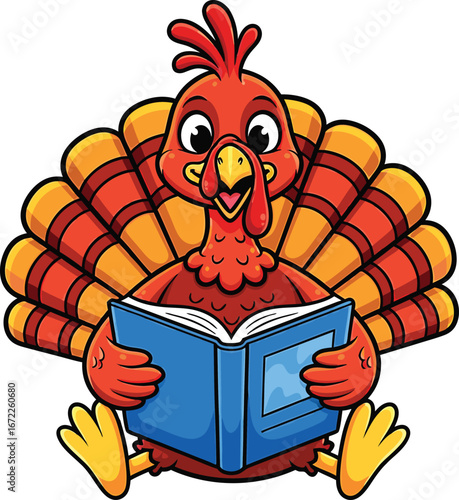 Cartoon turkey reading a book ready for thanksgiving holiday decorations