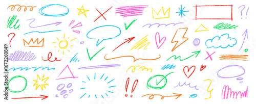 Pencil color crayon line element set. Hand drawn scribble chalk pencil stroke colorful swirl, flower, cloud and arrow shape with crayon rough texture. Children paint background. Vector illustration