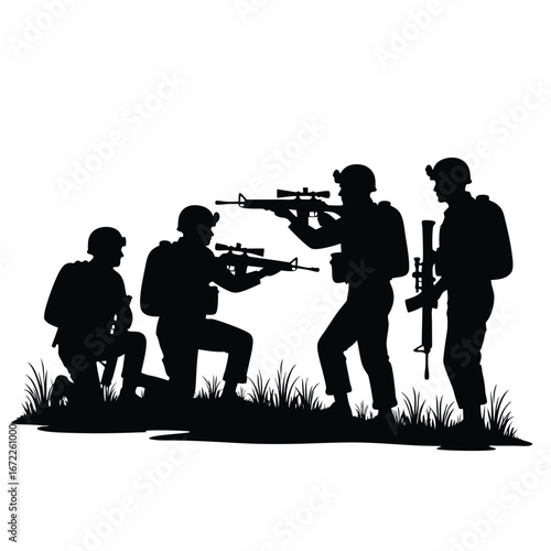 Four soldiers in silhouette with rifles on grassy terrain