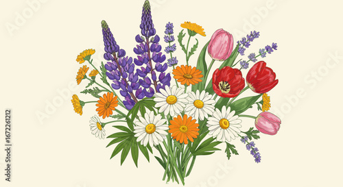 Elegant hand-drawn floral bouquet illustration with colorful assortment of flowers