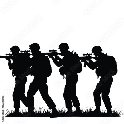 Four Soldiers Silhouette Advancing With Rifles military