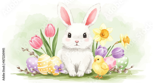 Adorable easter illustration featuring a bunny, chick, eggs and flowers decoration