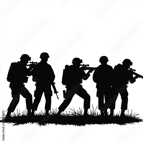 Silhouette of five soldiers in tactical gear aiming rifles