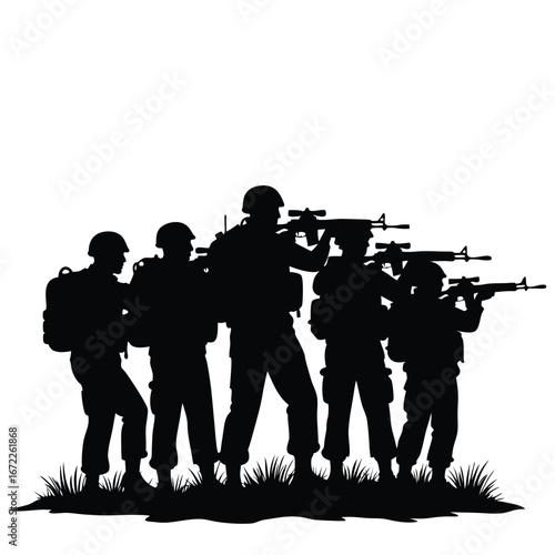 black silhouettes of soldiers aiming rifles clip art preview