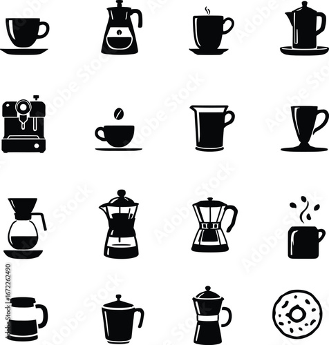 Coffee brewing methods icons set vector illustration espresso moka pot drip maker cup donut