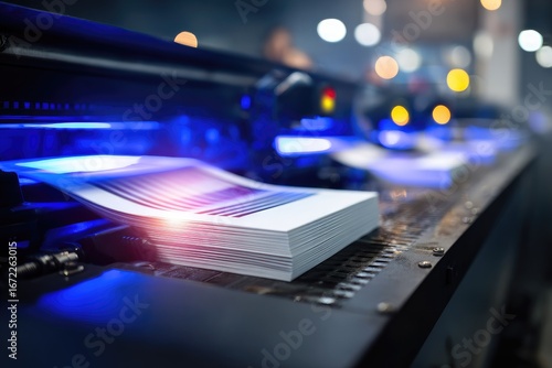 Stacks of printed documents emerging from a large industrial printing press.